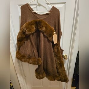 Brown Faux Fur Trim Cape